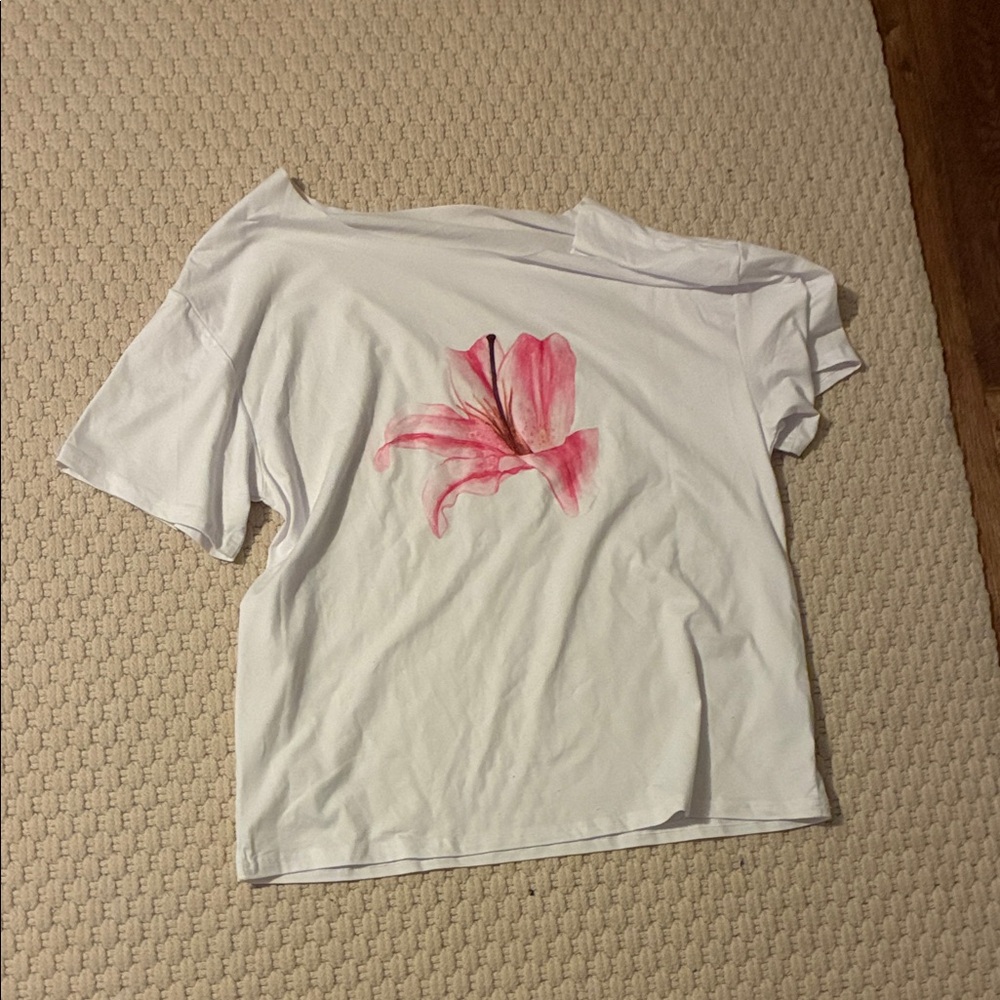 Oversized White off the shoulder shirt with Pink Flower Design